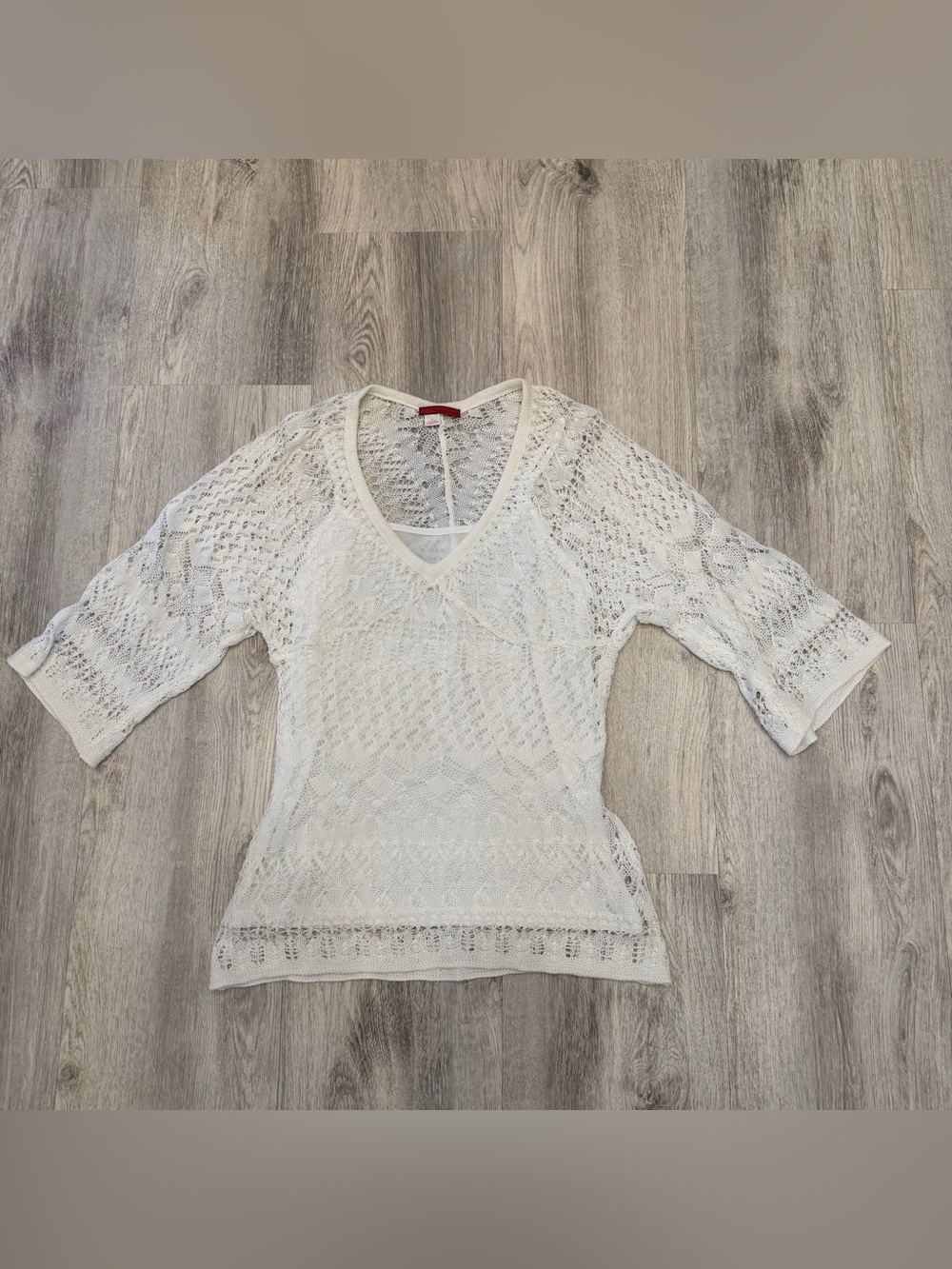 Tape Measure Lace Knit Top with Built-In Cami Size Small Cream Boho